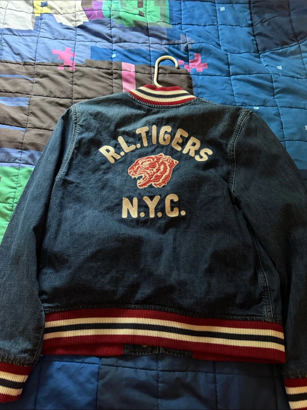 Polo by Ralph Lauren Blue Denim Varsity Jacket with Red & White Trim